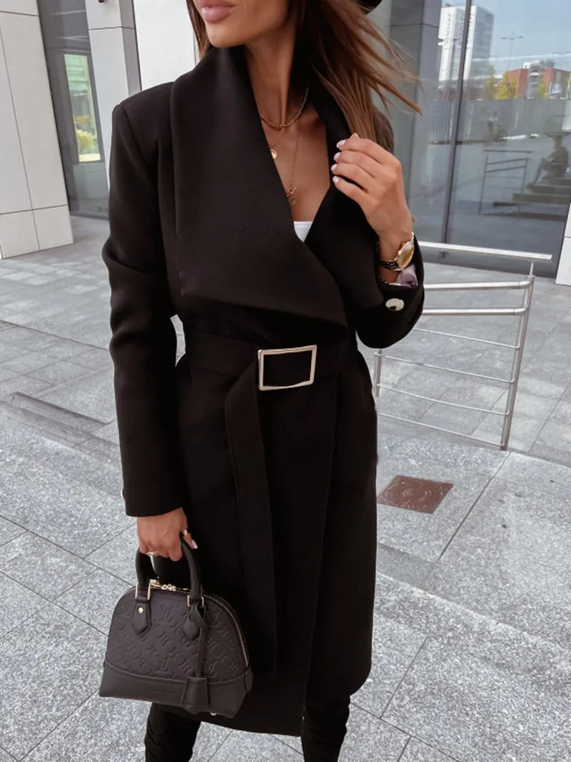 Autumn Winter Long Blends Coats Women Long Sleeve Turn-down Collar Coat and Jacket Belt Solid Fashion Jackets Woman Clothes