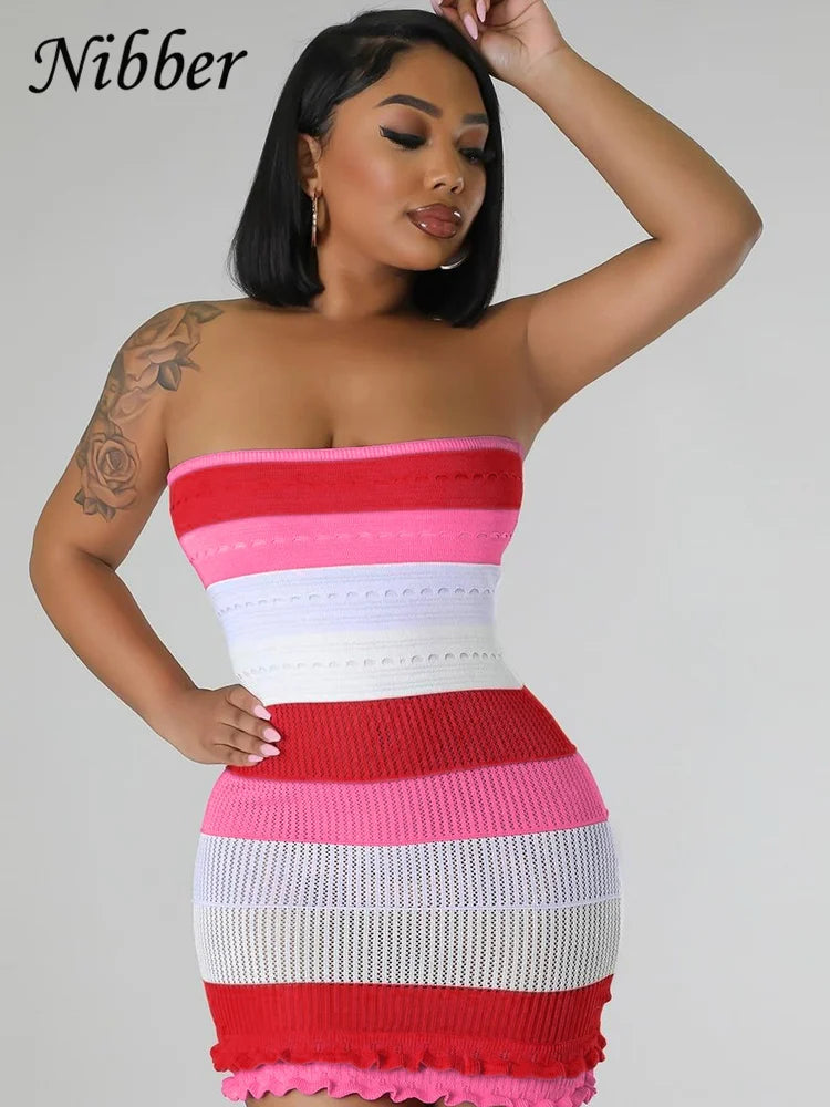 Nibber Knitted Striped Print Mini Dress Strapless Bodycon Women Backless Prom Vacation Party Casual Streetweaer Dresses Clothing