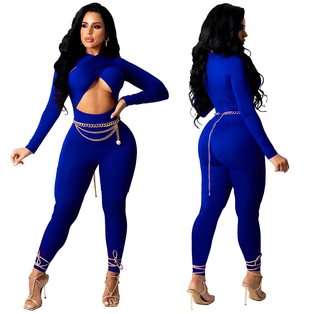 Sexy Hollow Out Bodycon Rompers Womens Jumpsuit Long Sleeve Bandage Overalls for Women Party Club Birthday One Piece Outfits