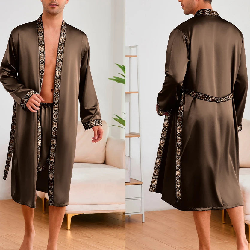 Male Ice Silk Pajamas 2Pcs Robe Suit Man Sleepwear Summer Spring Kimono Loungewear Peignoir Homme Nightwear Bathrobe Gown