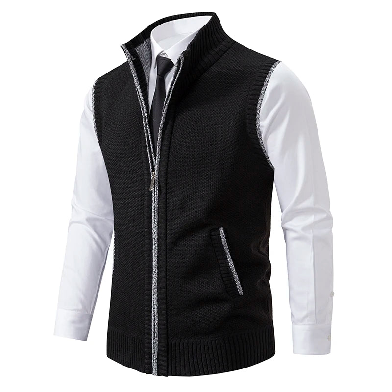 Vest Men's Knitted Sleeveless Sweater Wool Velvet Zipper Cardigan Turn-down Pullovers Turtleneck Sweatercoat Knit Waistcoat