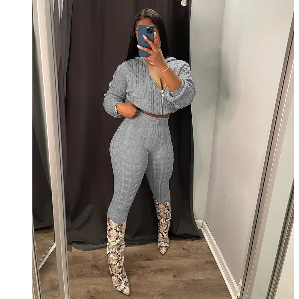 Knit Two Piece Sets Women Hooded Cardigan Pants Suits Spring Autumn Winter Clothing Sportswear Joggers Tracksuit Matching Sets