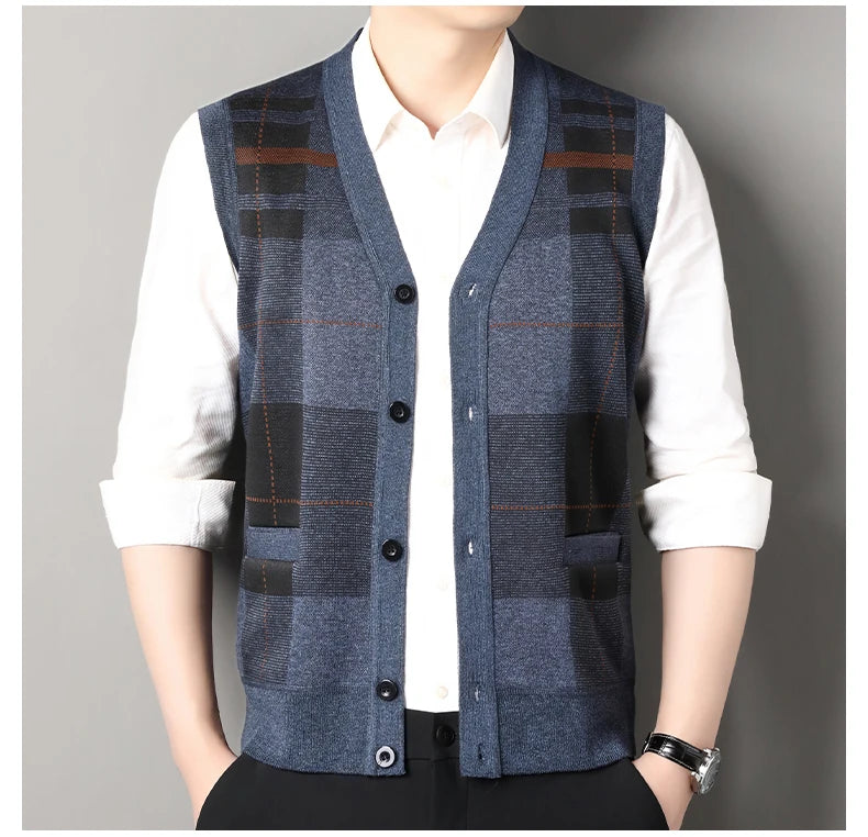 New Autumn Male Vest Sleeveless Sweater Fleece Cardigan Warm Knitted Checkered Business Casual Button Up Coat Men's Clothing