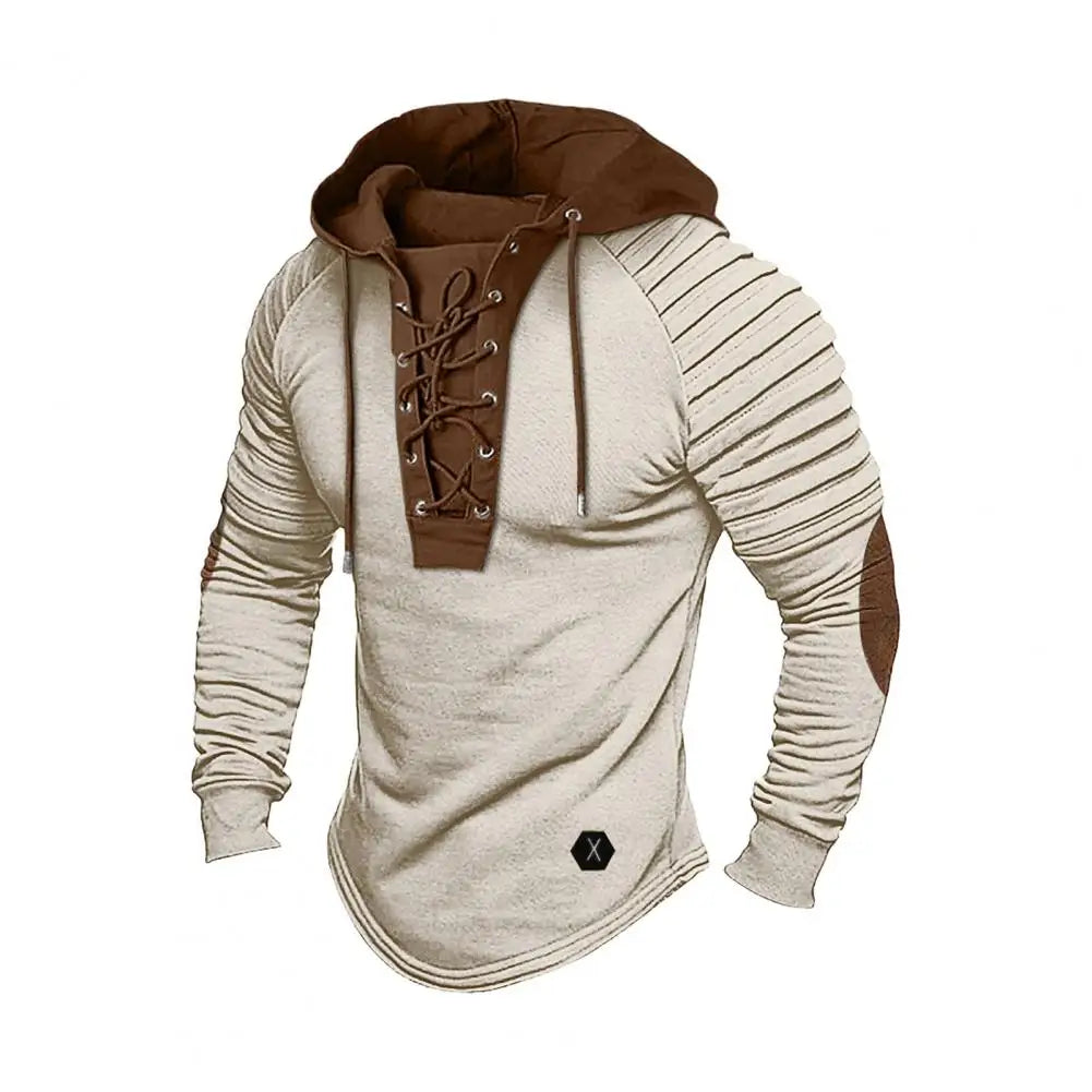 Men Spring Fall Hoodie Pleated Shoulder Colorblock Drawstring Hooded Top Long Sleeve Pullover Lace-up Retro Men Daily Hoodie