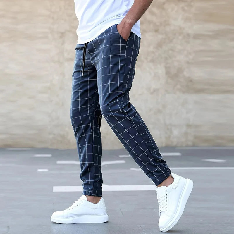 New Fashion Men Pants Mid Waist Slims Fit Male Sweatpants Plaid Checkered Side Stripe Trousers Summer Work Casual Pants