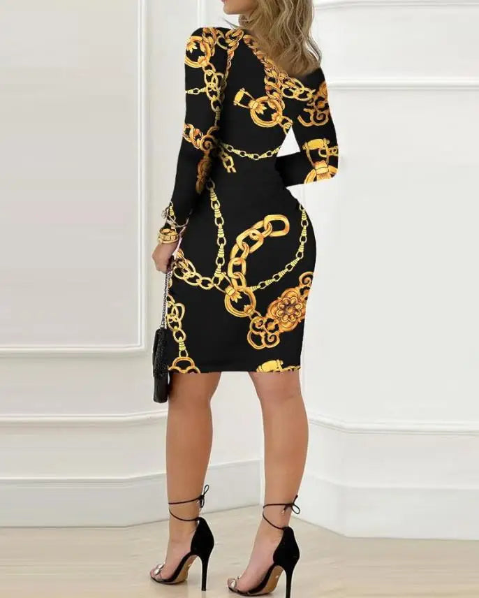 Elegant and Pretty Women's Dresses Fashion Sexy Deep V-Neck Baroque Chain Print Twist Detail Party Dress Female Clothing