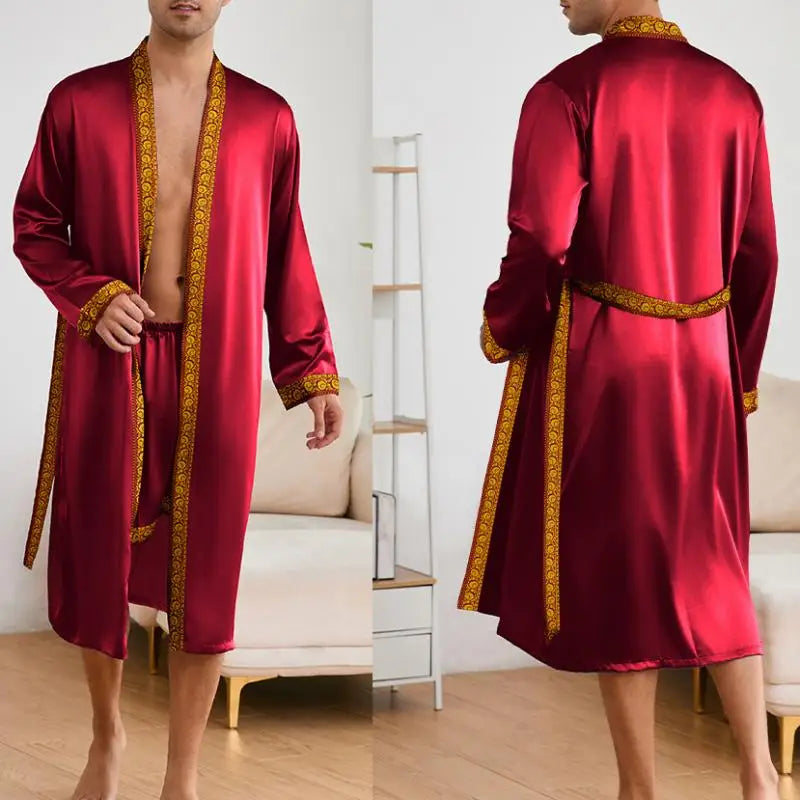 Male Ice Silk Pajamas 2Pcs Robe Suit Man Sleepwear Summer Spring Kimono Loungewear Peignoir Homme Nightwear Bathrobe Gown