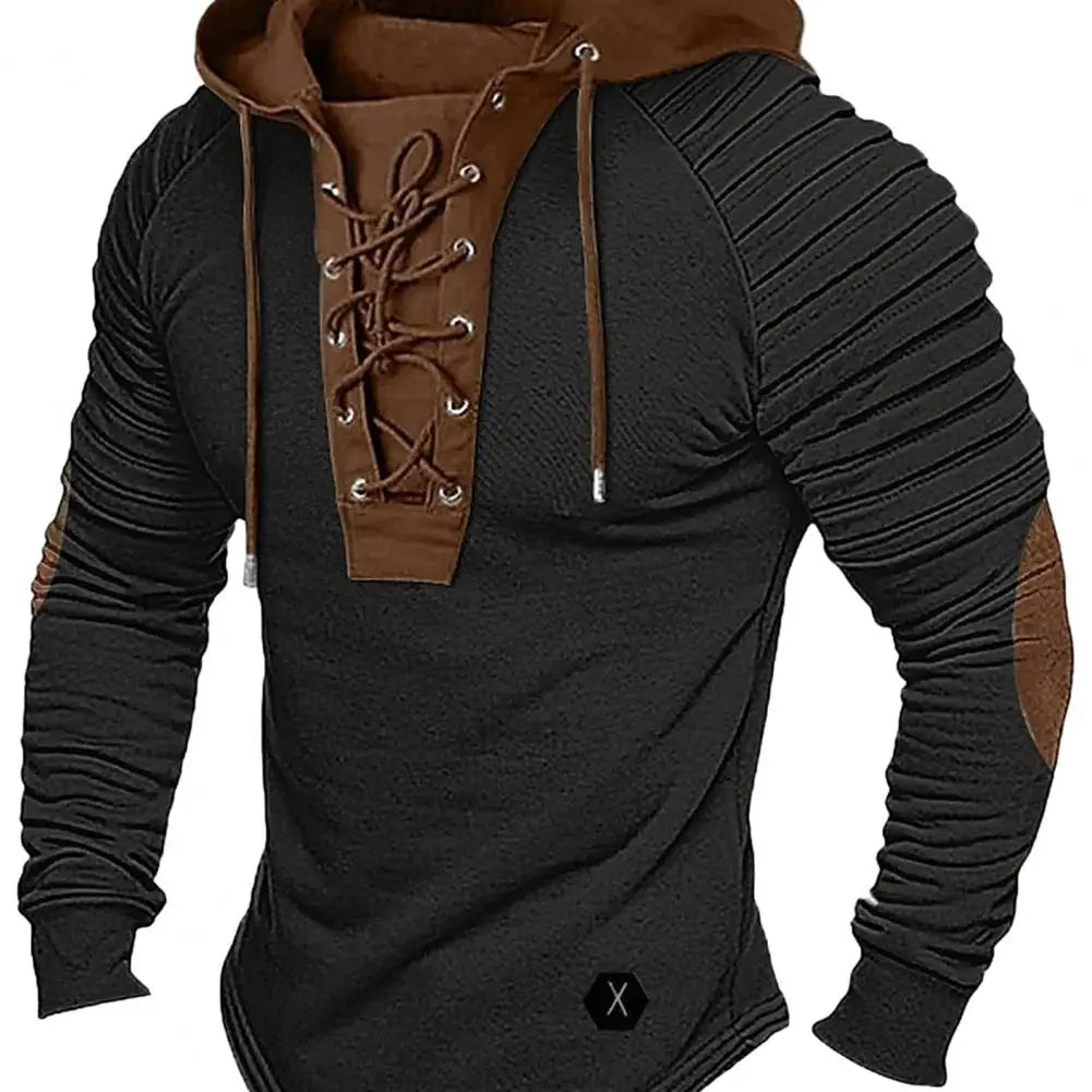 Men Spring Fall Hoodie Pleated Shoulder Colorblock Drawstring Hooded Top Long Sleeve Pullover Lace-up Retro Men Daily Hoodie