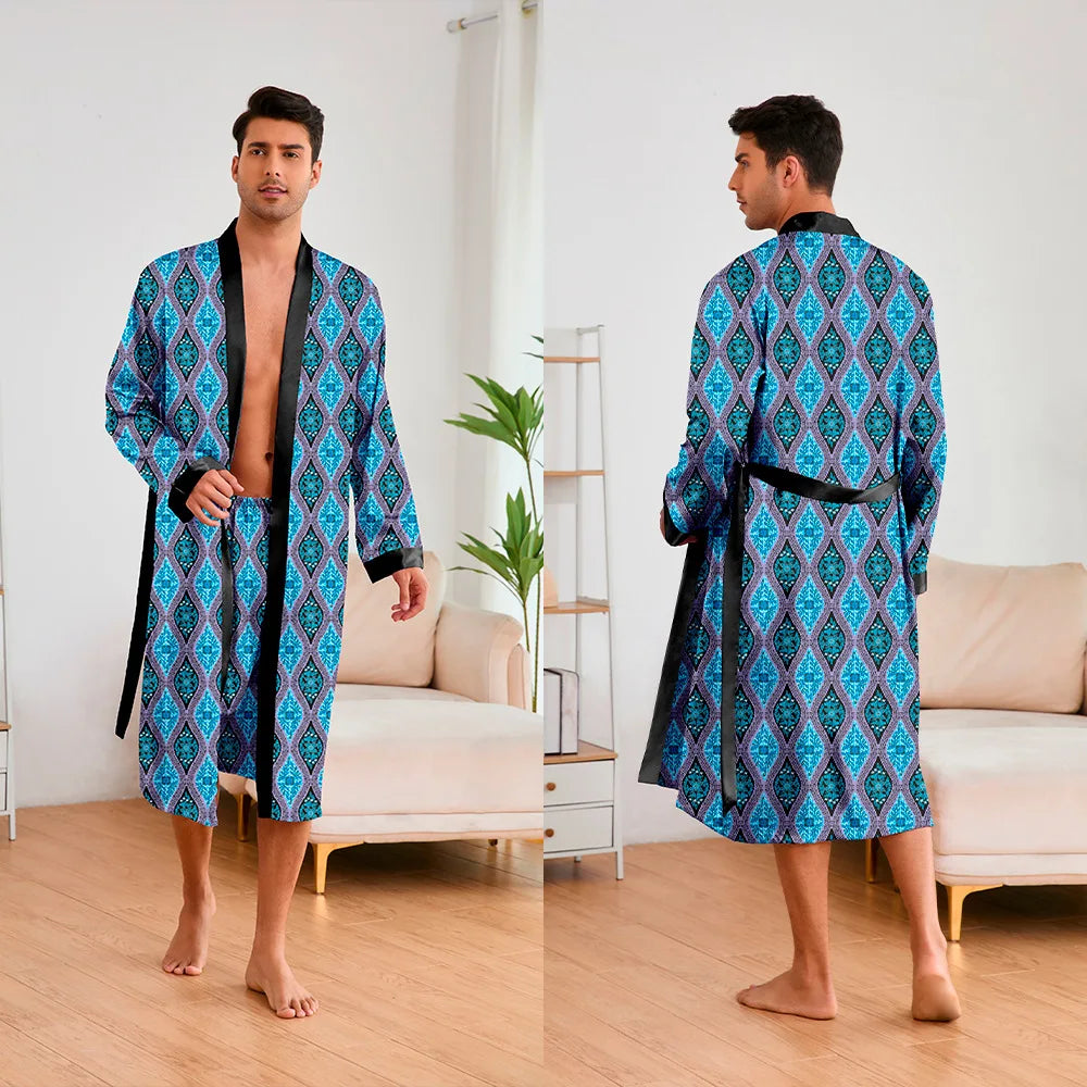 Men 2 Pieces Sleepwear Leopard Bathrobe Set Satin Kimono Peignoir Homme Long Mens Sexy Sleepwear Loungewear Home Dressing Gown