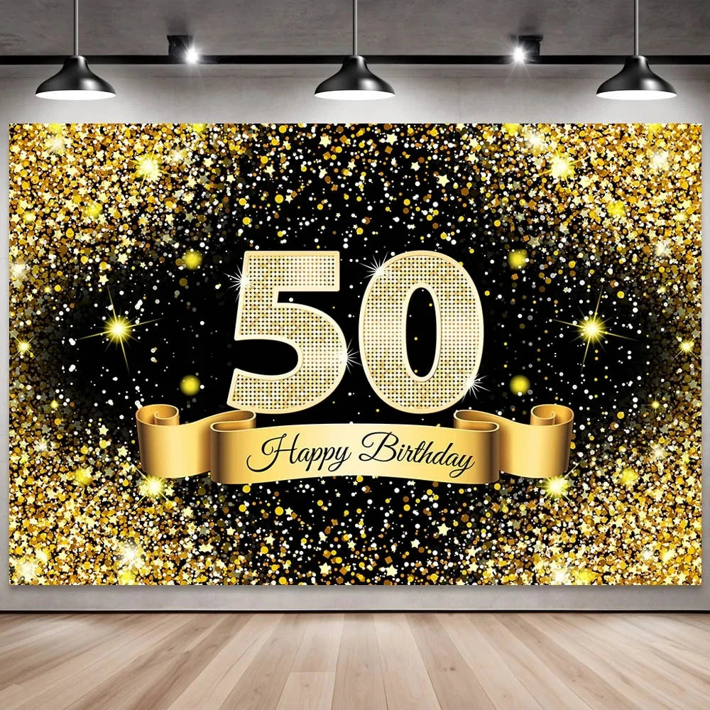 Golden black birthday party background, 18-40-50-60-year-old photography background, photo booth logo, poster background banner