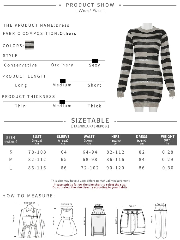 Weird Puss Knit Striped Dress Women Autumn Trend Ripped Long Sleeve o-Neck Sweater Bodycon Streetwear Stretch Sexy Thin Clothes