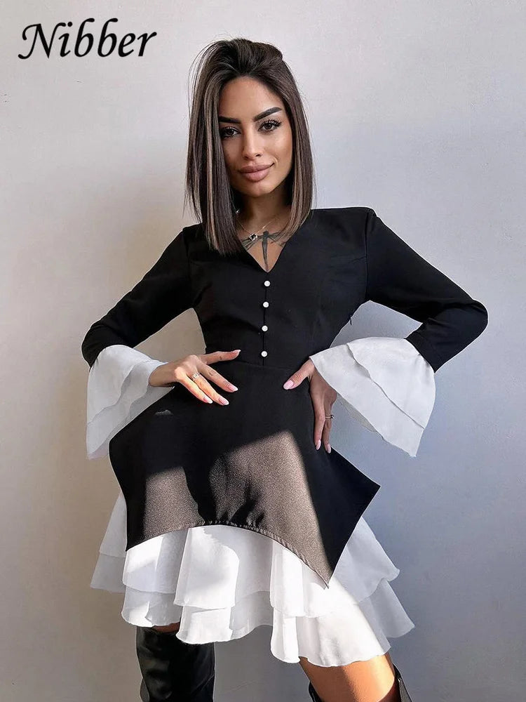 Nibber Black White Patchwork Dress Women Button V-Neck Tierred Flared Sleeve Chic Ruffles Stretch Birthday Party Mini Bodycon