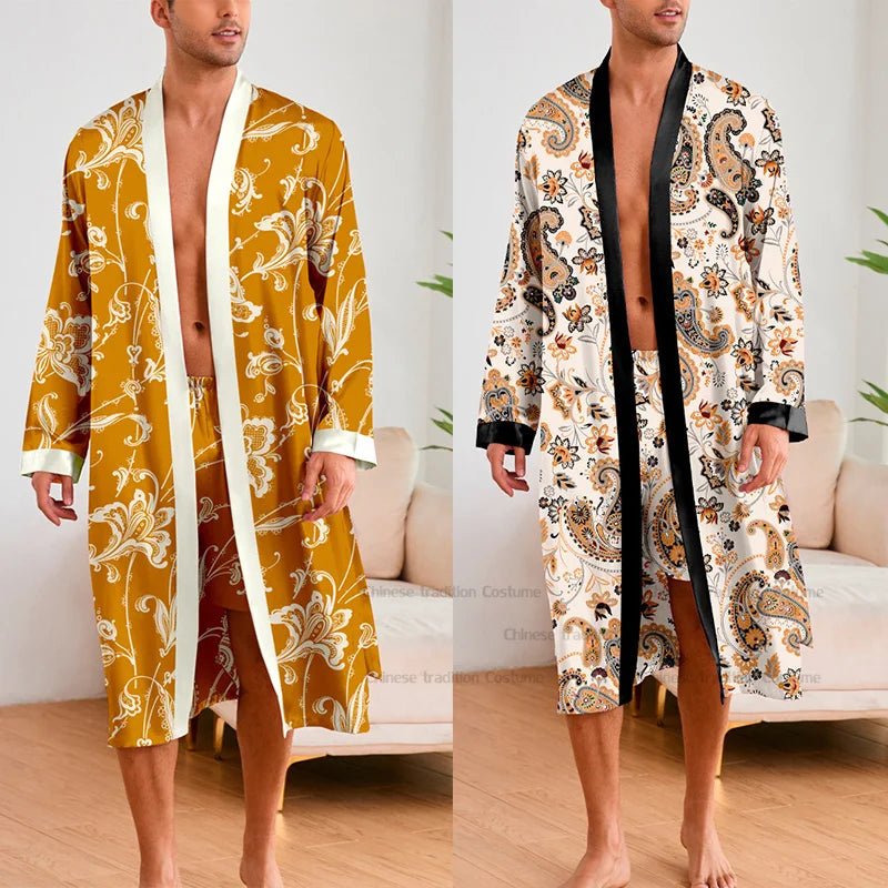 Men 2 Pieces Sleepwear Leopard Bathrobe Set Satin Kimono Peignoir Homme Long Mens Sexy Sleepwear Loungewear Home Dressing Gown