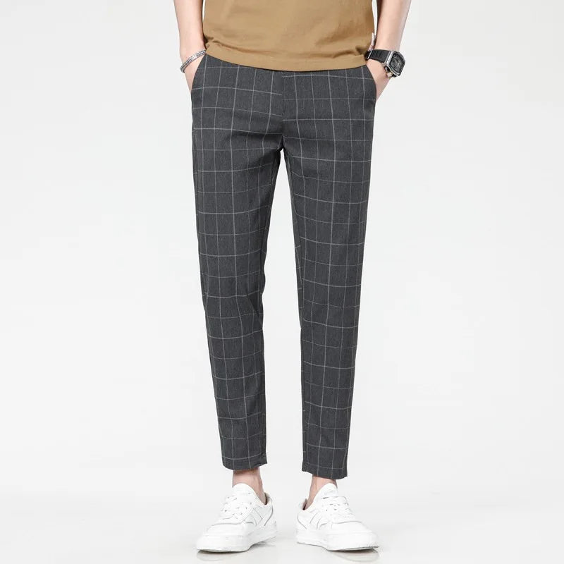 New Fashion Men Pants Mid Waist Slims Fit Male Sweatpants Plaid Checkered Side Stripe Trousers Summer Work Casual Pants