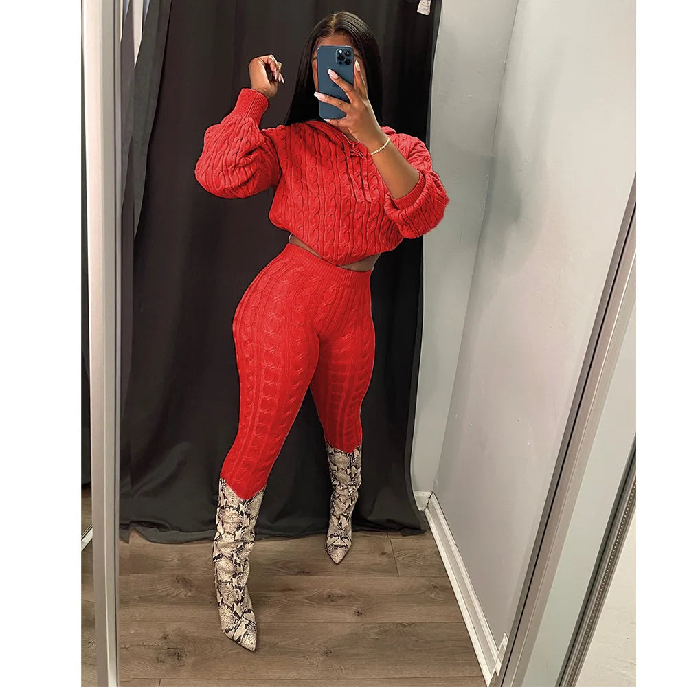 Knit 2 Piece Sets Women Hooded Tops Pants Set Spring Autumn Winter Clothing Sportswear Joggers Knitted Tracksuit Matching Sets