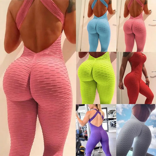 Bubble Jumpsuit Female Fitness Yoga Bodysuit Sleeveless Sexy Backless Jumpsuit Pants Stretchy Butt Liftting Fashion Bodysuit