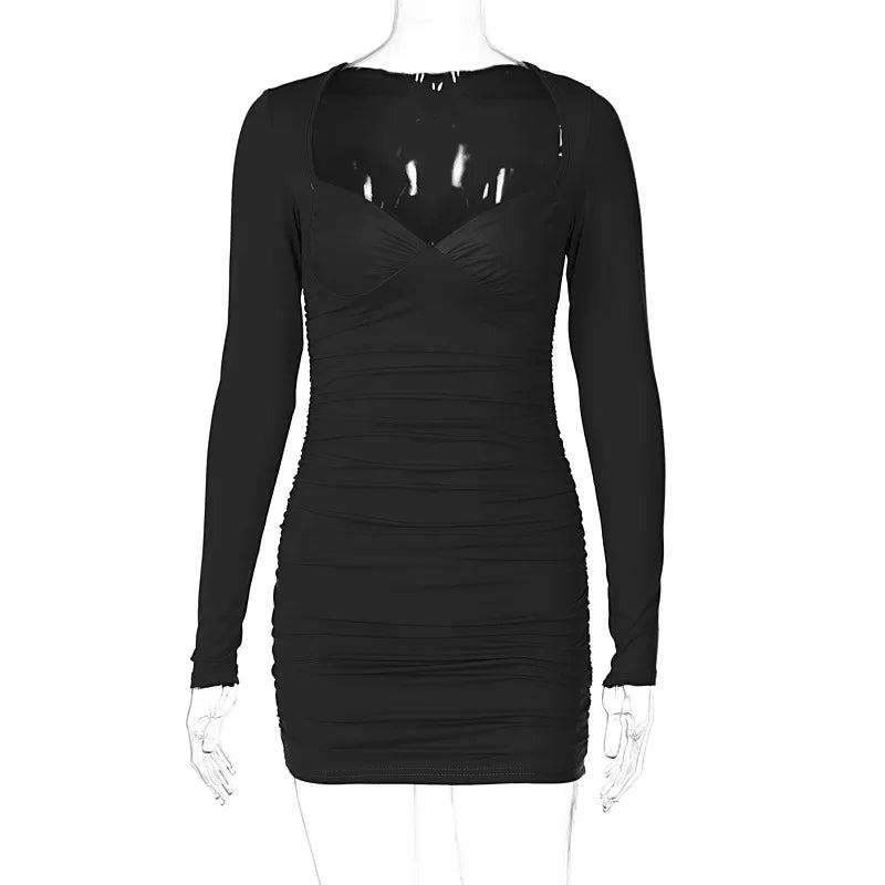 Hugcitar Long Sleeve Ruched Mini Dress For Women Summer Slim Elegant Party Clothes Club Outfits Birthday Evening