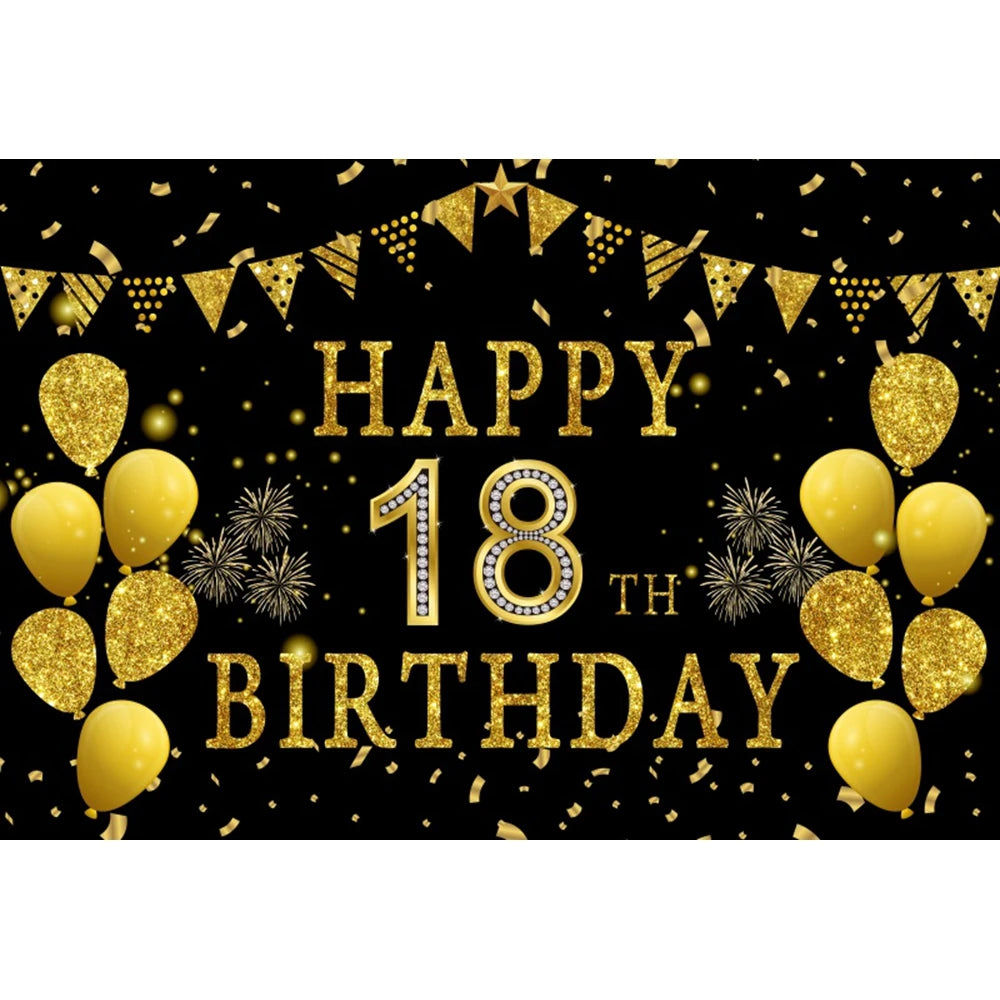 18th Birthday Photography Background Black Golden Glitter Balloons Boys Girls 18 Years Old Birthday Party Decoration Backdrops