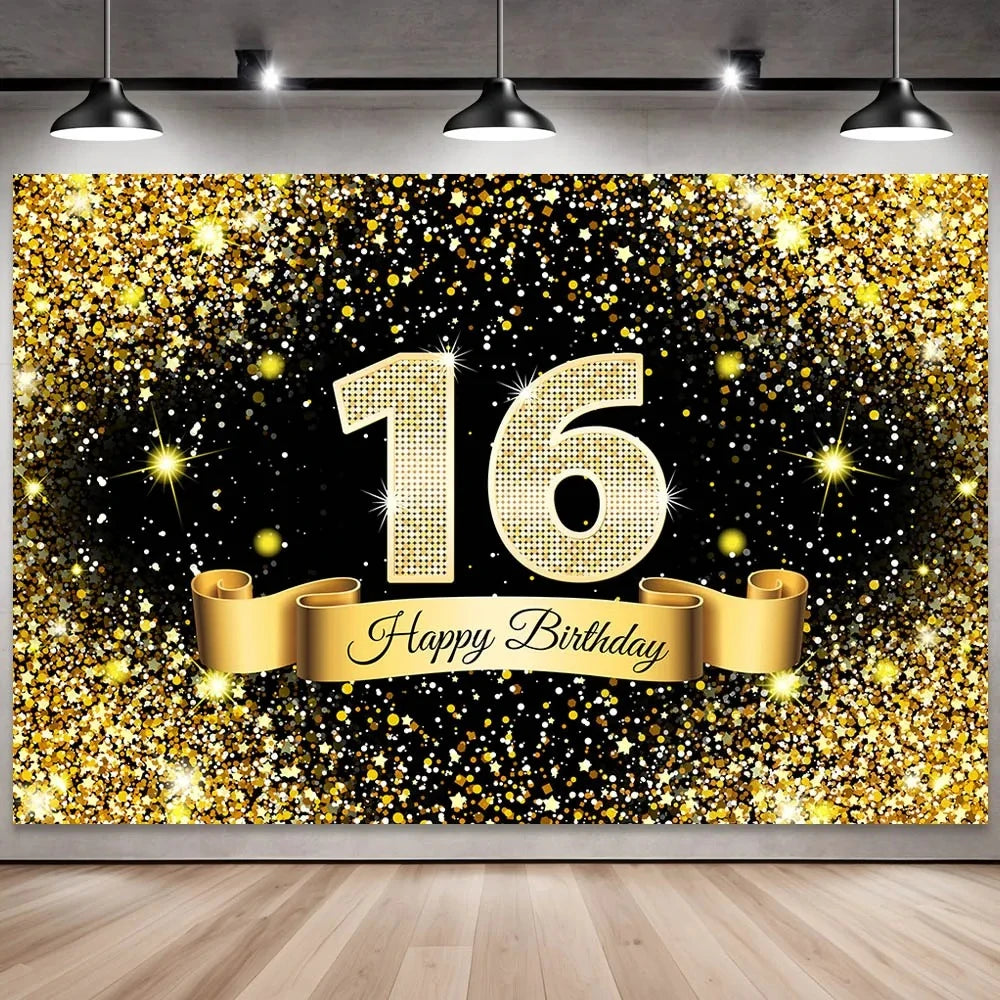 Golden black birthday party background, 18-40-50-60-year-old photography background, photo booth logo, poster background banner