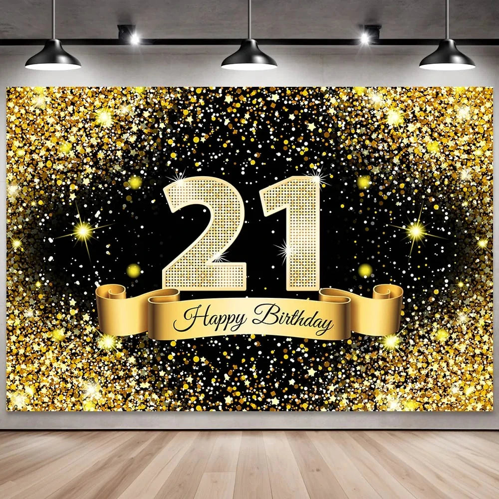 Golden black birthday party background, 18-40-50-60-year-old photography background, photo booth logo, poster background banner