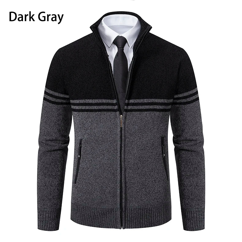 Men's New Winter Sweater Thick Fleece Warm Sweater Casual Stand Collar Zipper Cardigan Fashion Striped Coat