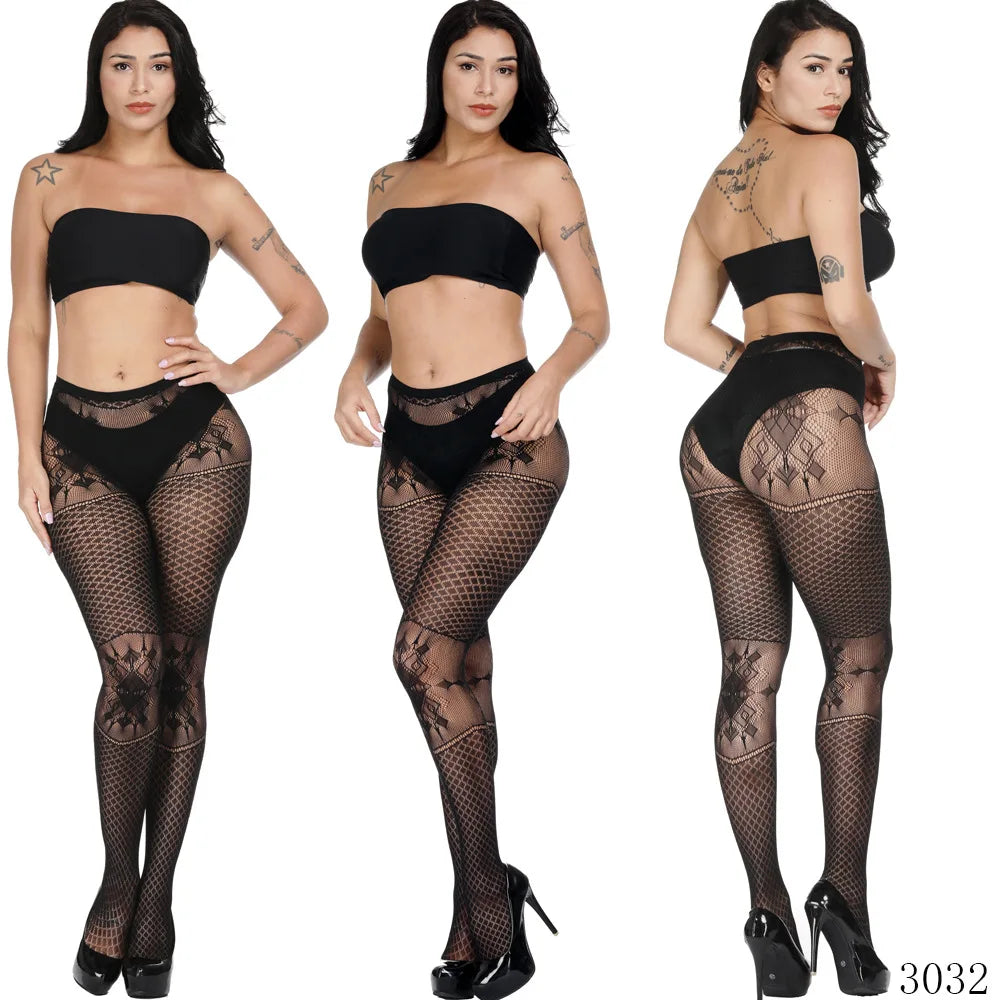 Women Sexy Fishnet Tights Jacquard Weave Seamless Pantyhose Yarns Garter Grid Fish Net Stockings Black Spider Gothic Lace Tights