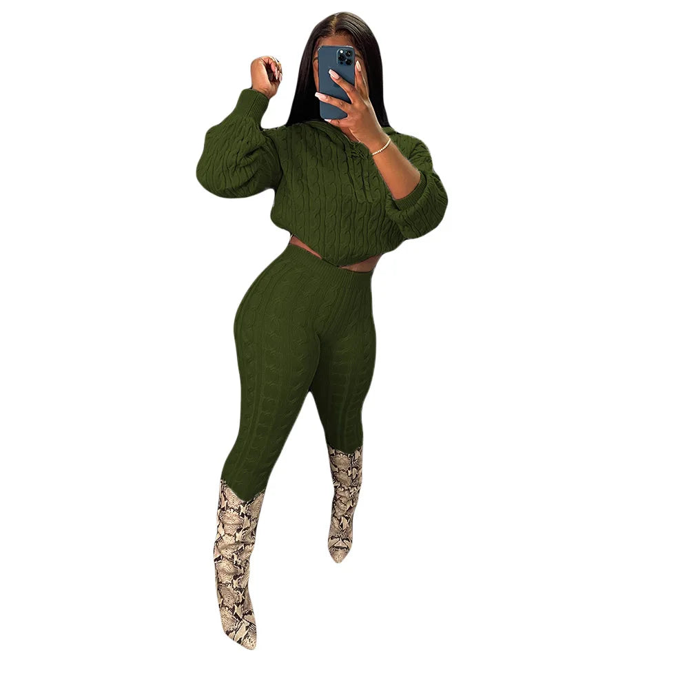 Knit 2 Piece Sets Women Hooded Tops Pants Set Spring Autumn Winter Clothing Sportswear Joggers Knitted Tracksuit Matching Sets