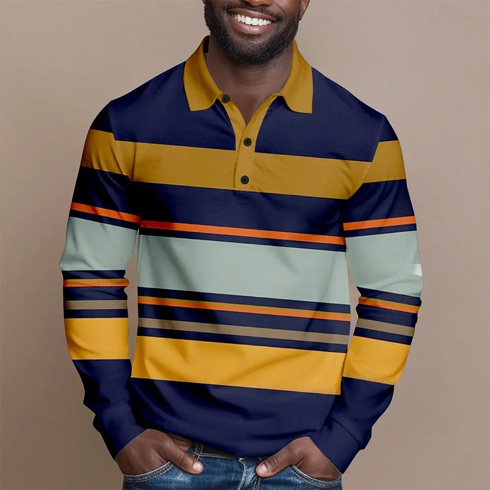 2025 Fashion Men's Stripes Long Sleeve Polo Shirt Breathable Business Casual Top Slim Fit Quick Dry Classic Collar Multi Colors