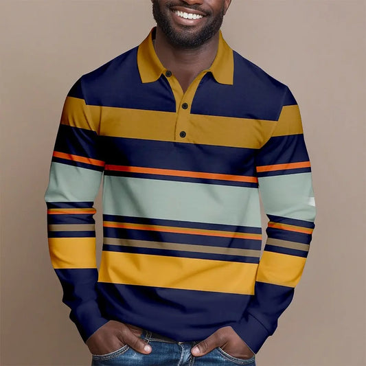 2025 Fashion Men's Stripes Long Sleeve Polo Shirt Breathable Business Casual Top Slim Fit Quick Dry Classic Collar Multi Colors