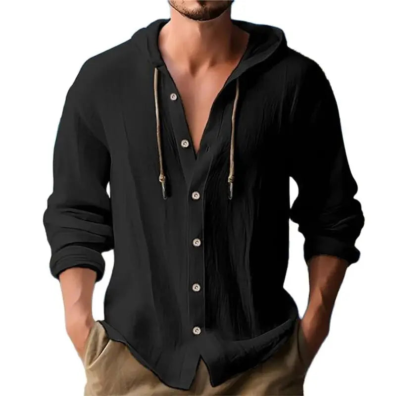 Summer Men's Linen Shirt Solid Streetwear Long Sleeve Hoodie Cardigan