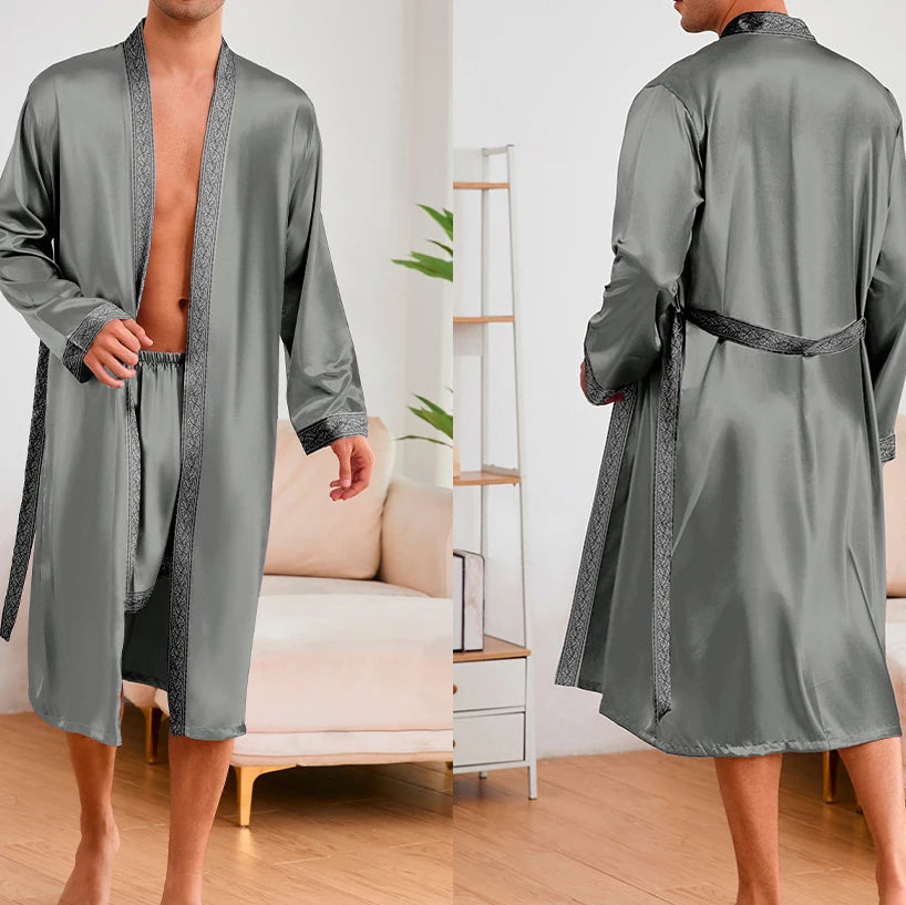 Male Ice Silk Pajamas 2Pcs Robe Suit Man Sleepwear Summer Spring Kimono Loungewear Peignoir Homme Nightwear Bathrobe Gown