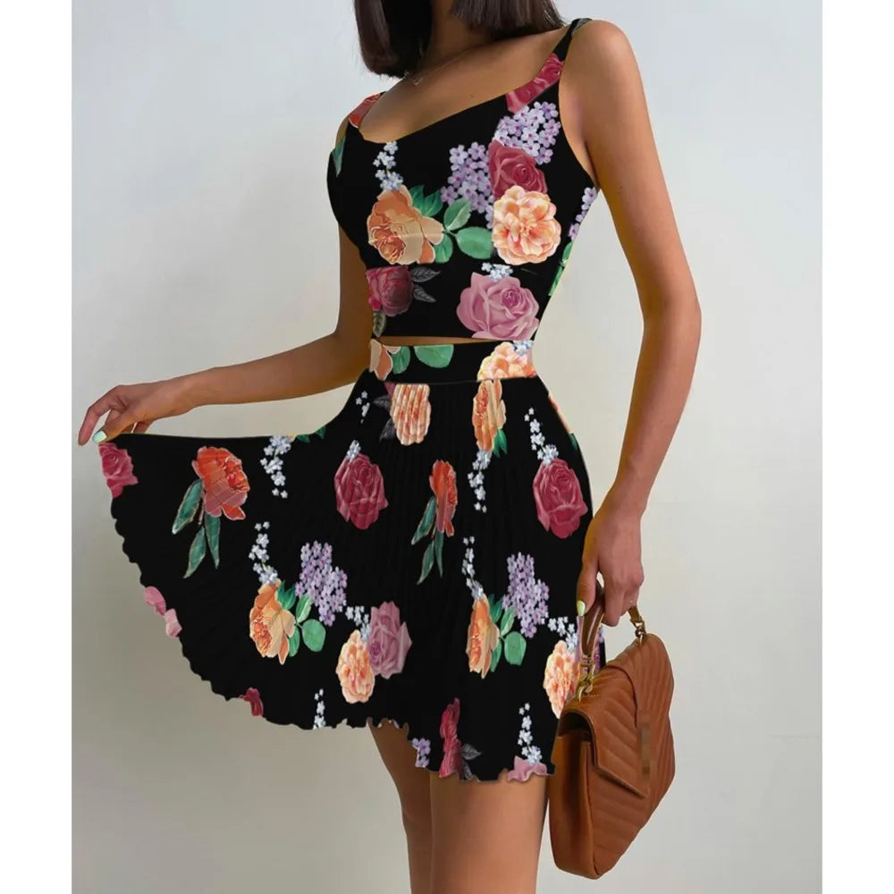 Sexy Printed Halter Pleated Short Skirt 2 Piece Set