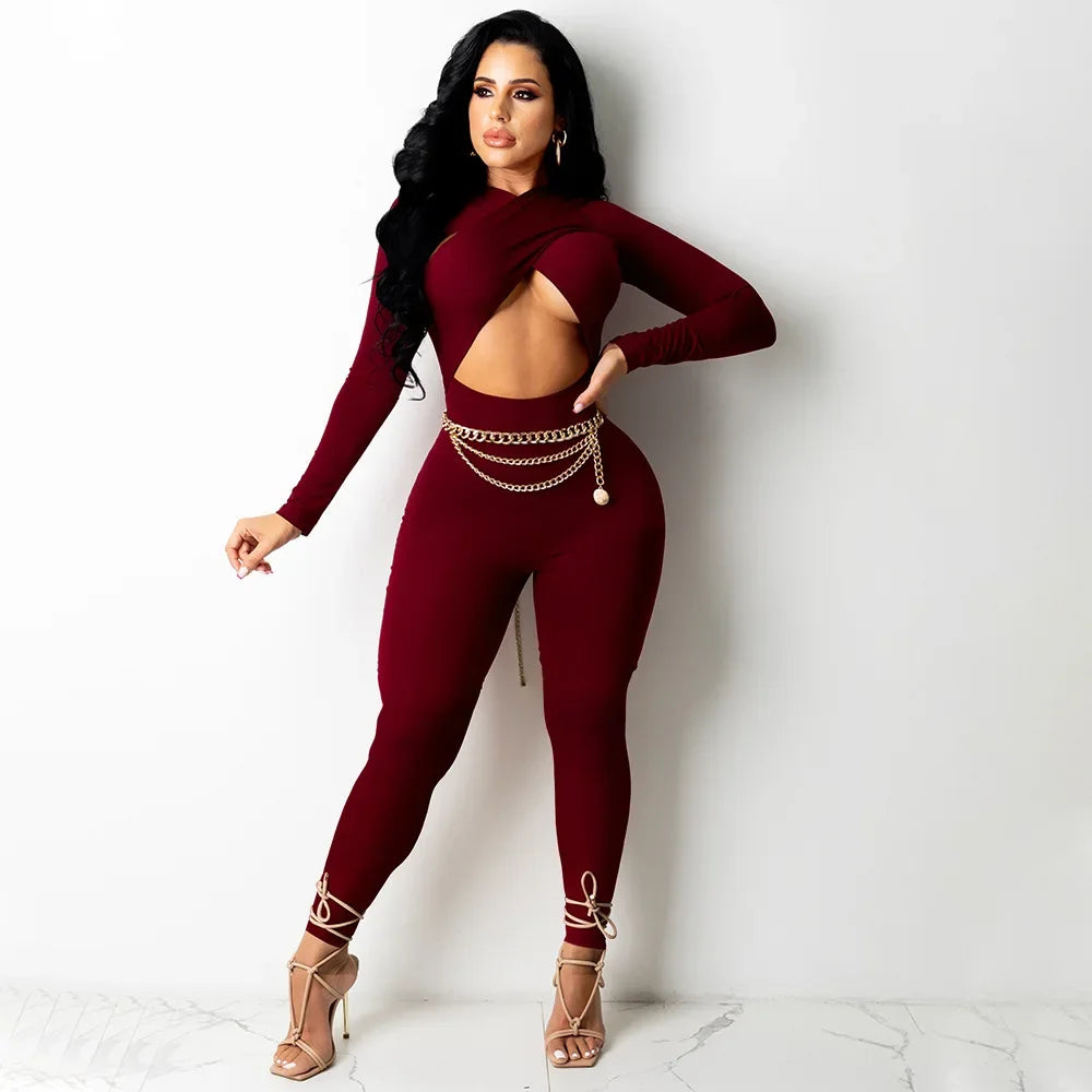 Sexy Hollow Out Bodycon Rompers Womens Jumpsuit Long Sleeve Bandage Overalls for Women Party Club Birthday One Piece Outfits