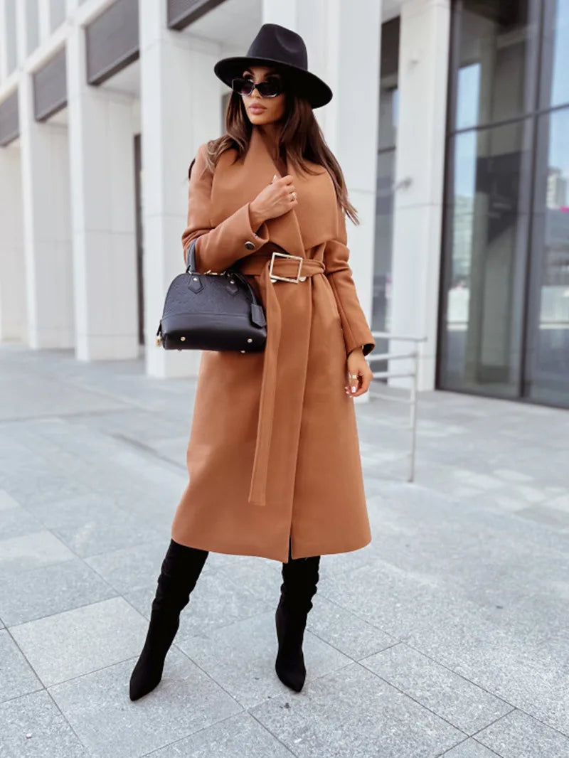 Autumn Winter Long Blends Coats Women Long Sleeve Turn-down Collar Coat and Jacket Belt Solid Fashion Jackets Woman Clothes