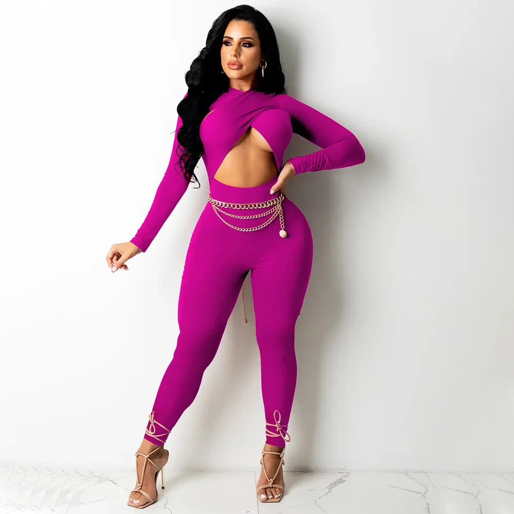 Sexy Hollow Out Bodycon Rompers Womens Jumpsuit Long Sleeve Bandage Overalls for Women Party Club Birthday One Piece Outfits