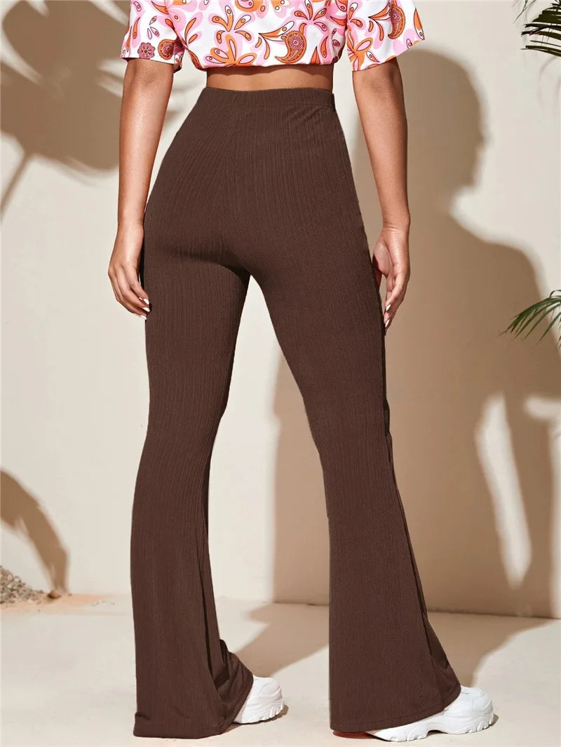 5-Solid Color Tight Flared Pants Women Elastic Long Pants Spring Autumn Y2K Bell-Bottoms Trousers