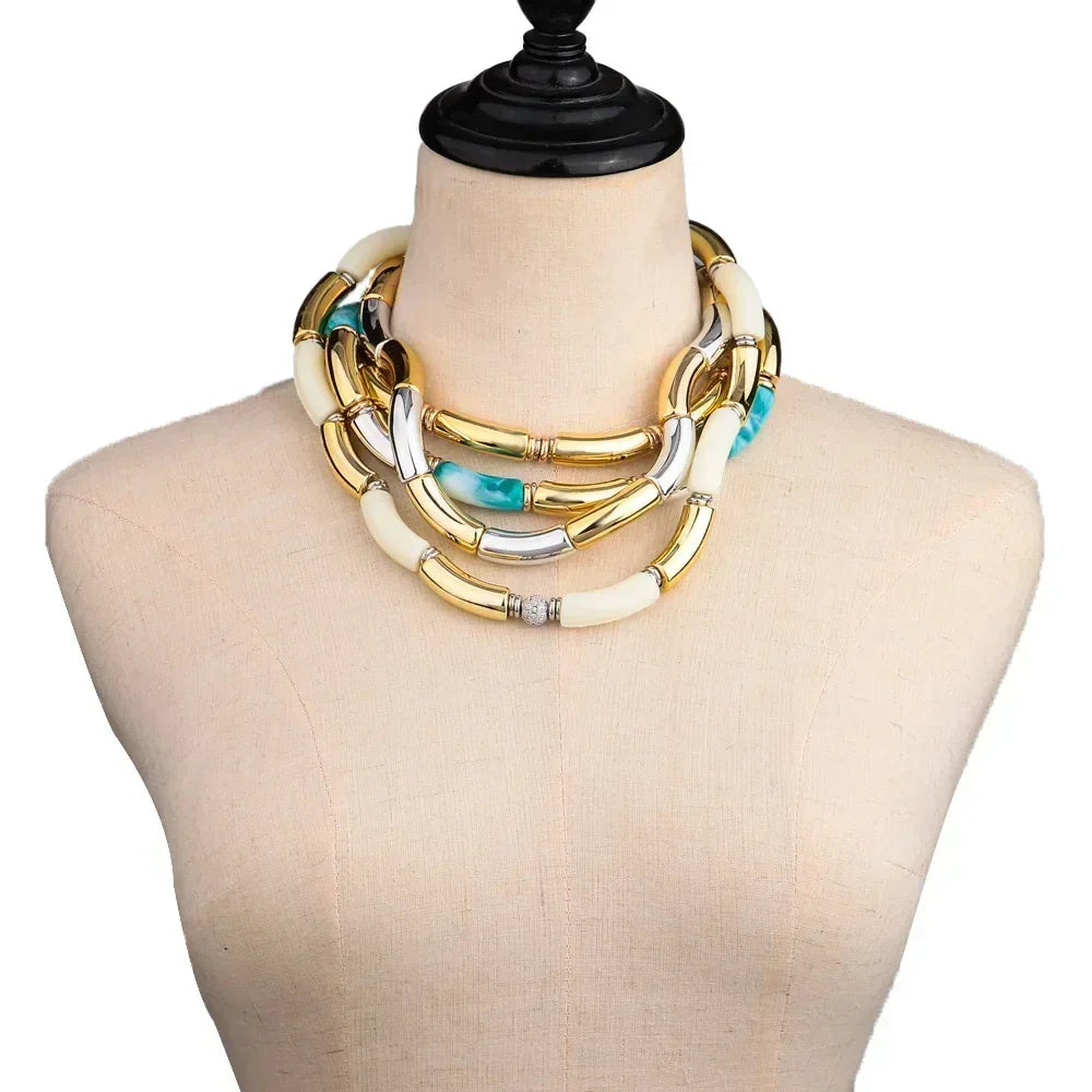 3 pieces/set Bohemian Acrylic Bamboo Beads Choker Necklace Set for Women Chunky Tube Necklaces 2024 Accessories Jewelry Femstylo