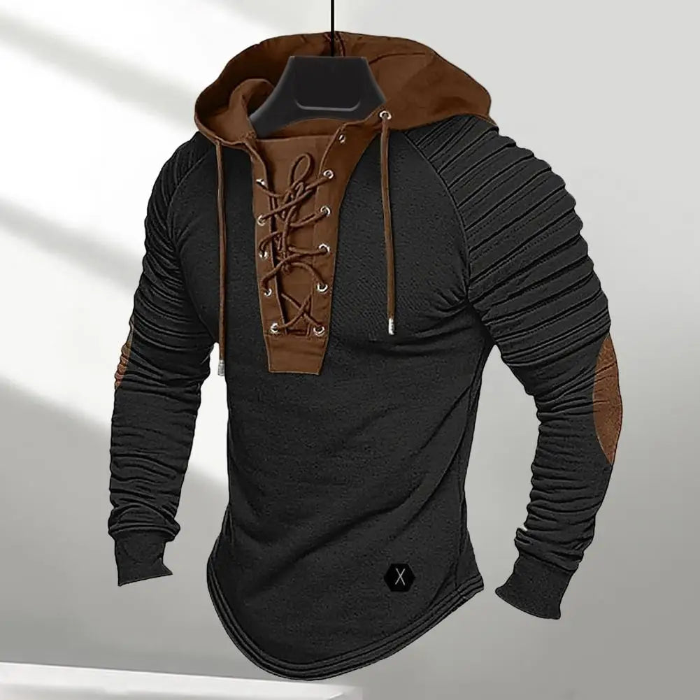 Men Spring Fall Hoodie Pleated Shoulder Colorblock Drawstring Hooded Top Long Sleeve Pullover Lace-up Retro Men Daily Hoodie