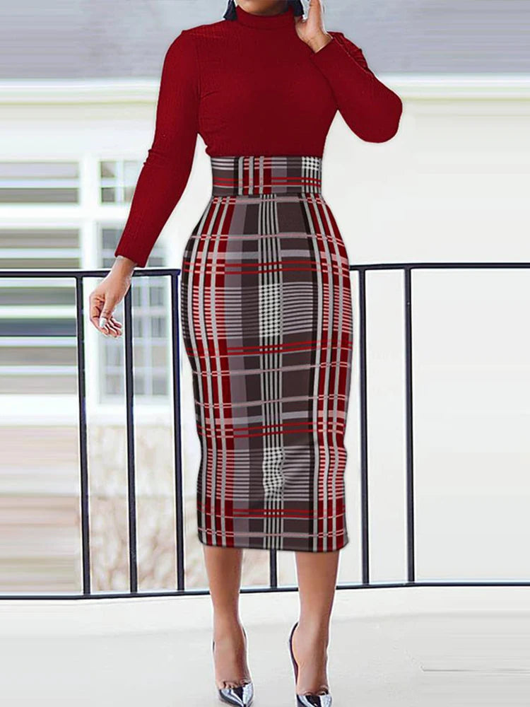 Autnmn Winter Women Bodycon Long Dress Long Sleeve O-neck Print Elegant Slim Pencil Dress Casual Office Lady  Midi Dresses