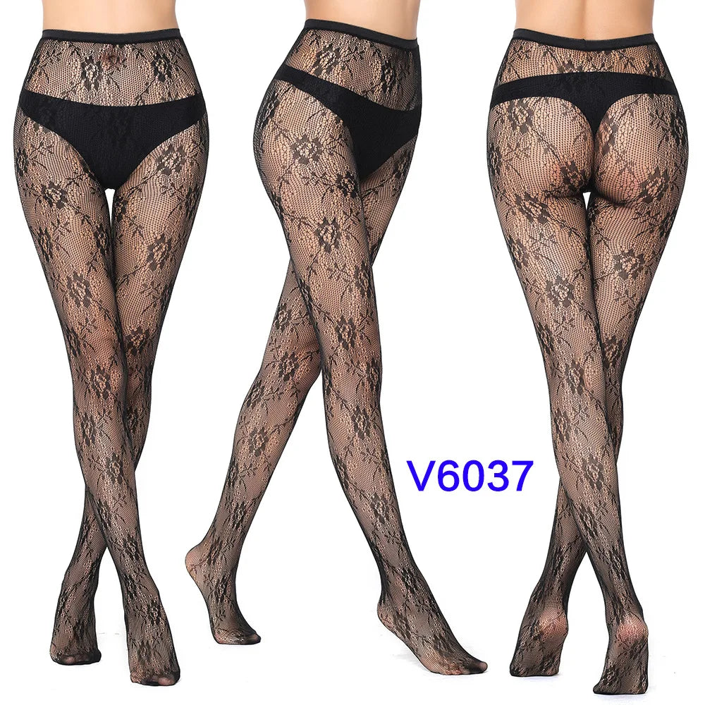 Women Sexy Fishnet Tights Jacquard Weave Seamless Pantyhose Yarns Garter Grid Fish Net Stockings Black Spider Gothic Lace Tights