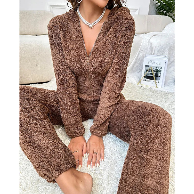 Warm Fleece Pajamas Jumpsuit Lady Autumn Winter Homewear Hooded Nightwear Coral Fleece Onesie Long Sleeve Loungewear Sleepwear