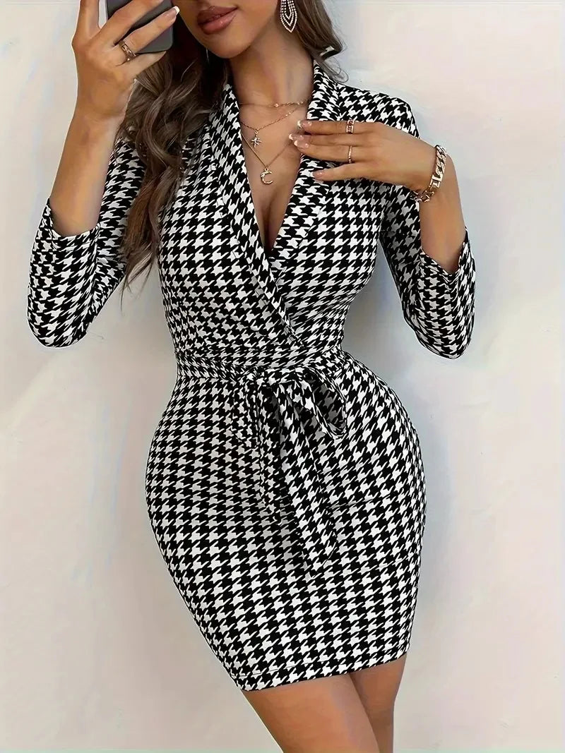 Spring And Summer V-neck Plaid Long-sleeved Lapel Sexy Mini Dress With Belt For Women Party Hip-hugging Dress