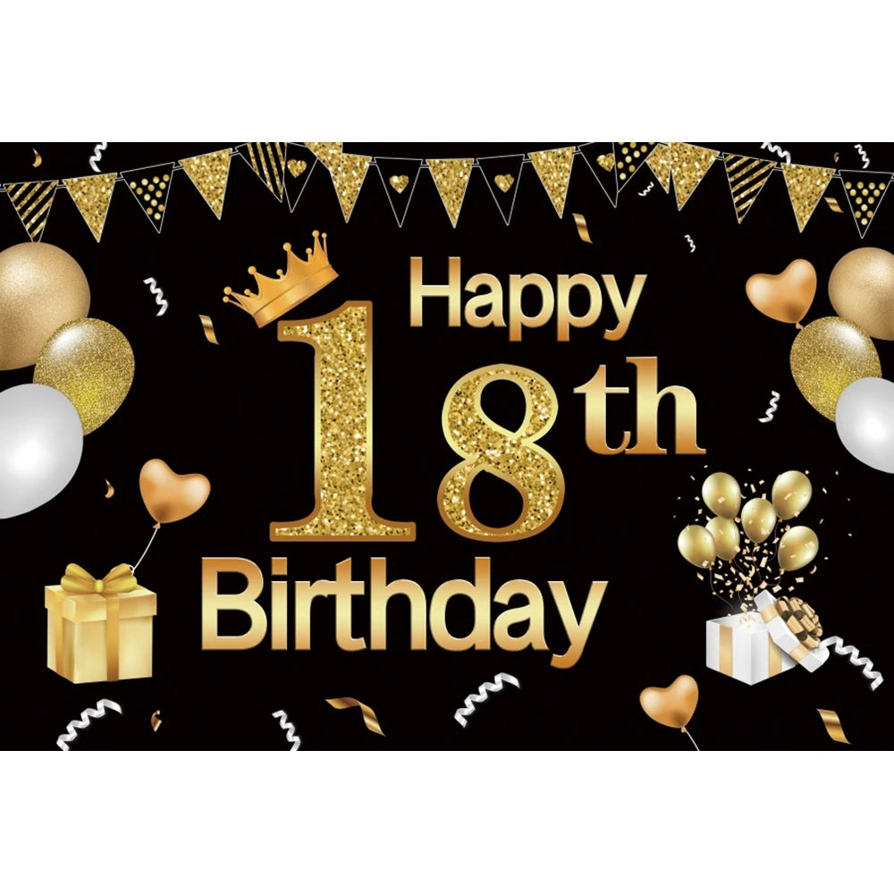 18th Birthday Photography Background Black Golden Glitter Balloons Boys Girls 18 Years Old Birthday Party Decoration Backdrops