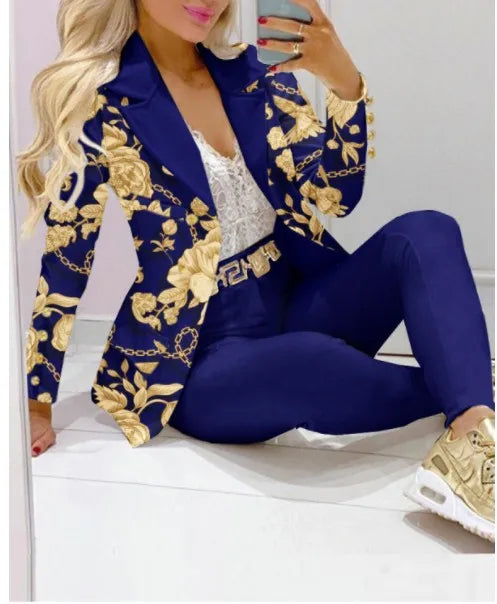 Casual Stripe Print Suit Coat Pants Set Office Lady Fashion Elegant Long Sleeve Top Trousers Two Piece Set Women Outfit