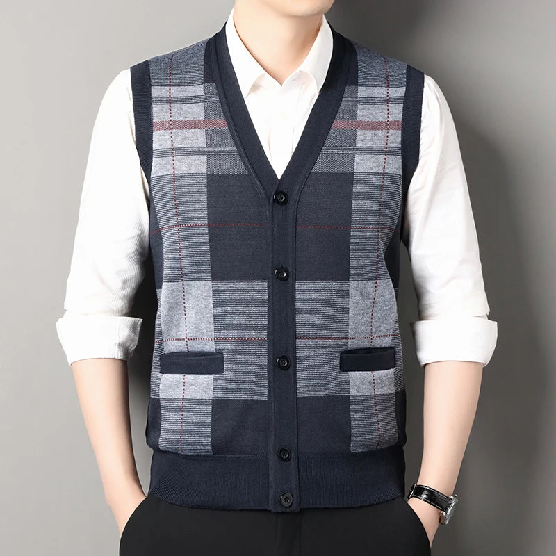 New Autumn Male Vest Sleeveless Sweater Fleece Cardigan Warm Knitted Checkered Business Casual Button Up Coat Men's Clothing