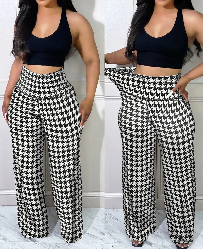 Elegant Women's Pants Summer Streetwear Plaid Print Casual High Waist Wide Leg Daily Long Trousers Without Top for Female