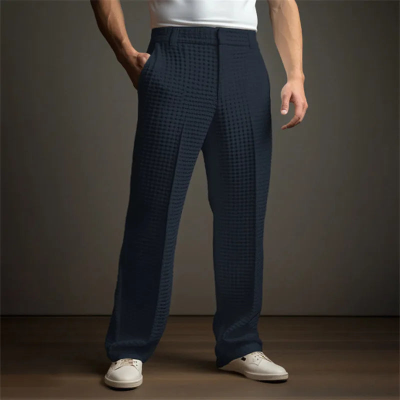 New 2025 Men's Elegant Waffle Suit Pants Solid Loose Straight Trousers Business Social Dress Pants Casual Vacation Pants for Men