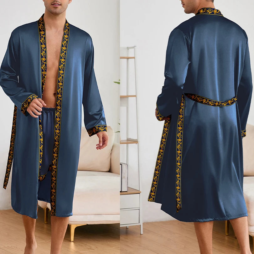 Male Ice Silk Pajamas 2Pcs Robe Suit Man Sleepwear Summer Spring Kimono Loungewear Peignoir Homme Nightwear Bathrobe Gown
