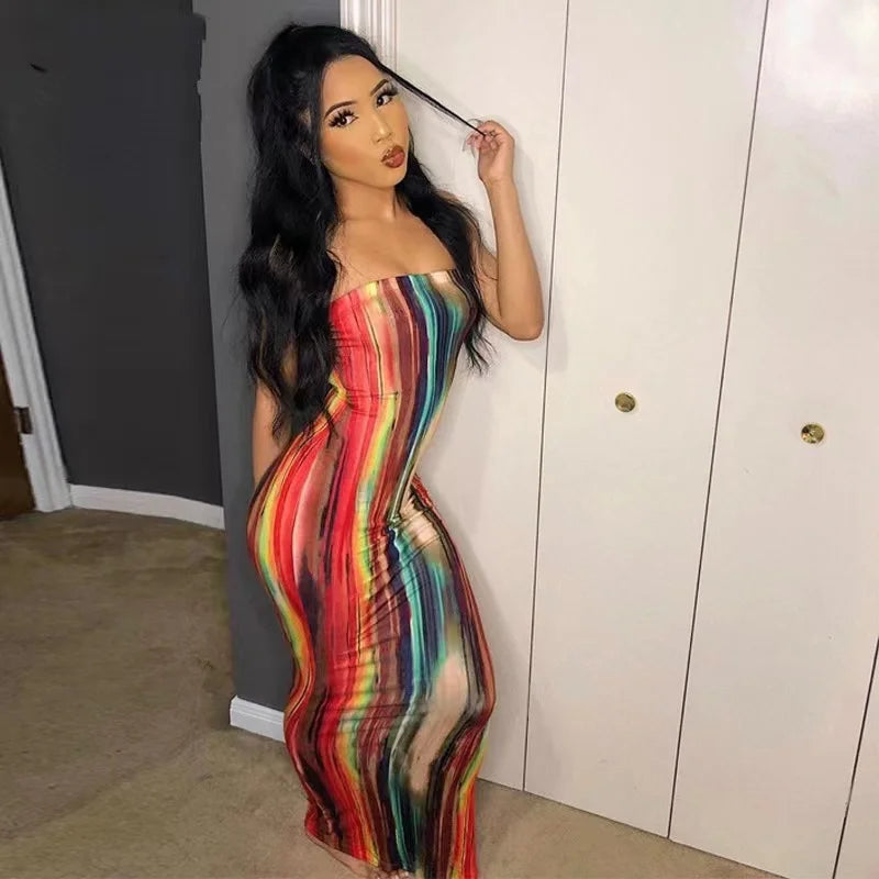 2025 Summer Women's Print Slim Sexy Strapless Long Vintage Dress  Robe Vestido Streetwear Evening Dresses