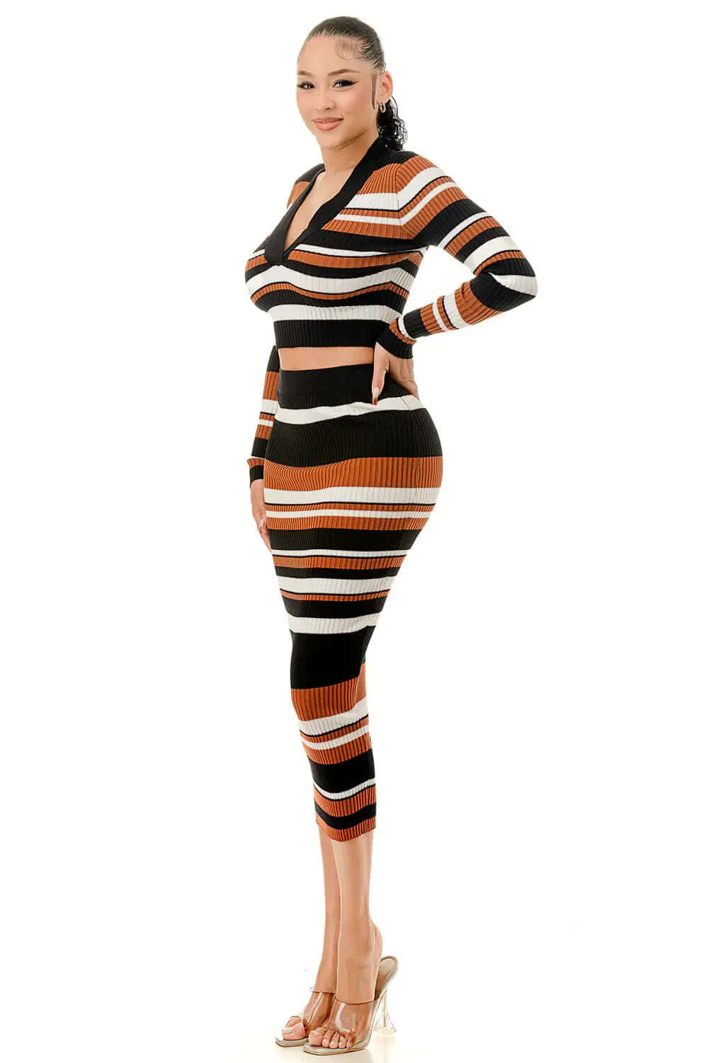 Multi Color Stripe V-Neck Crop Top & Two Piece Midi Skirt Set The House of Stylez
